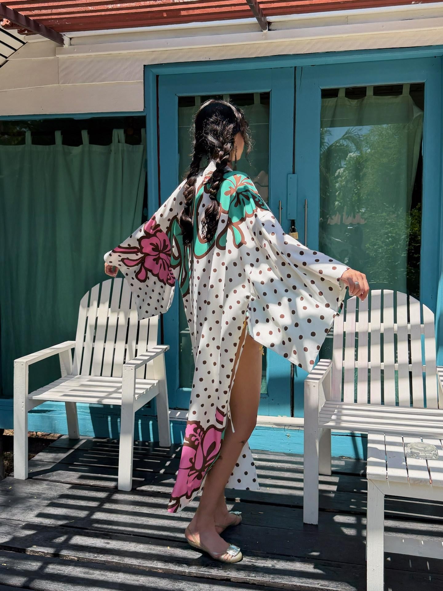 QUORRA S CHORD Brown Graffiti Polka Dot Hibiscus Colorblock Tie Waist Kimono Women&