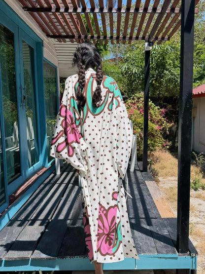 QUORRA S CHORD Brown Graffiti Polka Dot Hibiscus Colorblock Tie Waist Kimono Women&