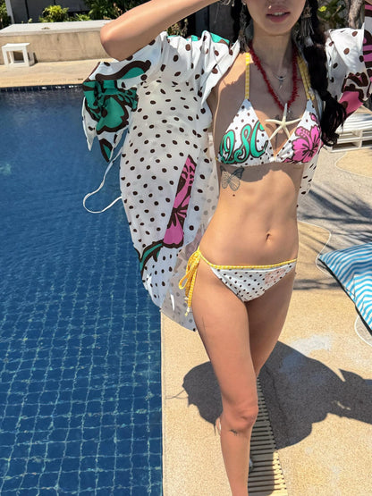 QUORRA S CHORD Brown Graffiti Polka Dot Hibiscus Colorblock Tie Waist Kimono Women&