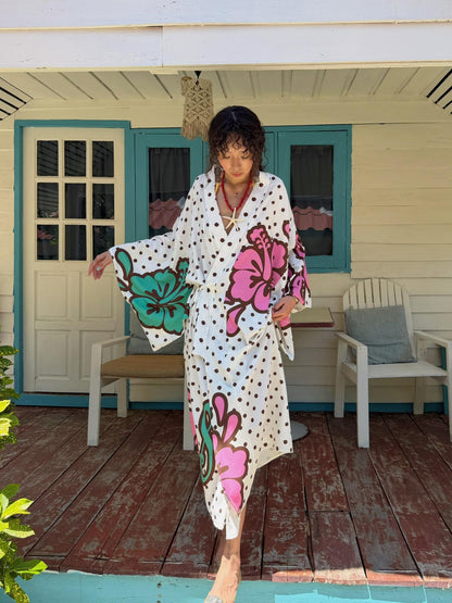 QUORRA S CHORD Brown Graffiti Polka Dot Hibiscus Colorblock Tie Waist Kimono Women&