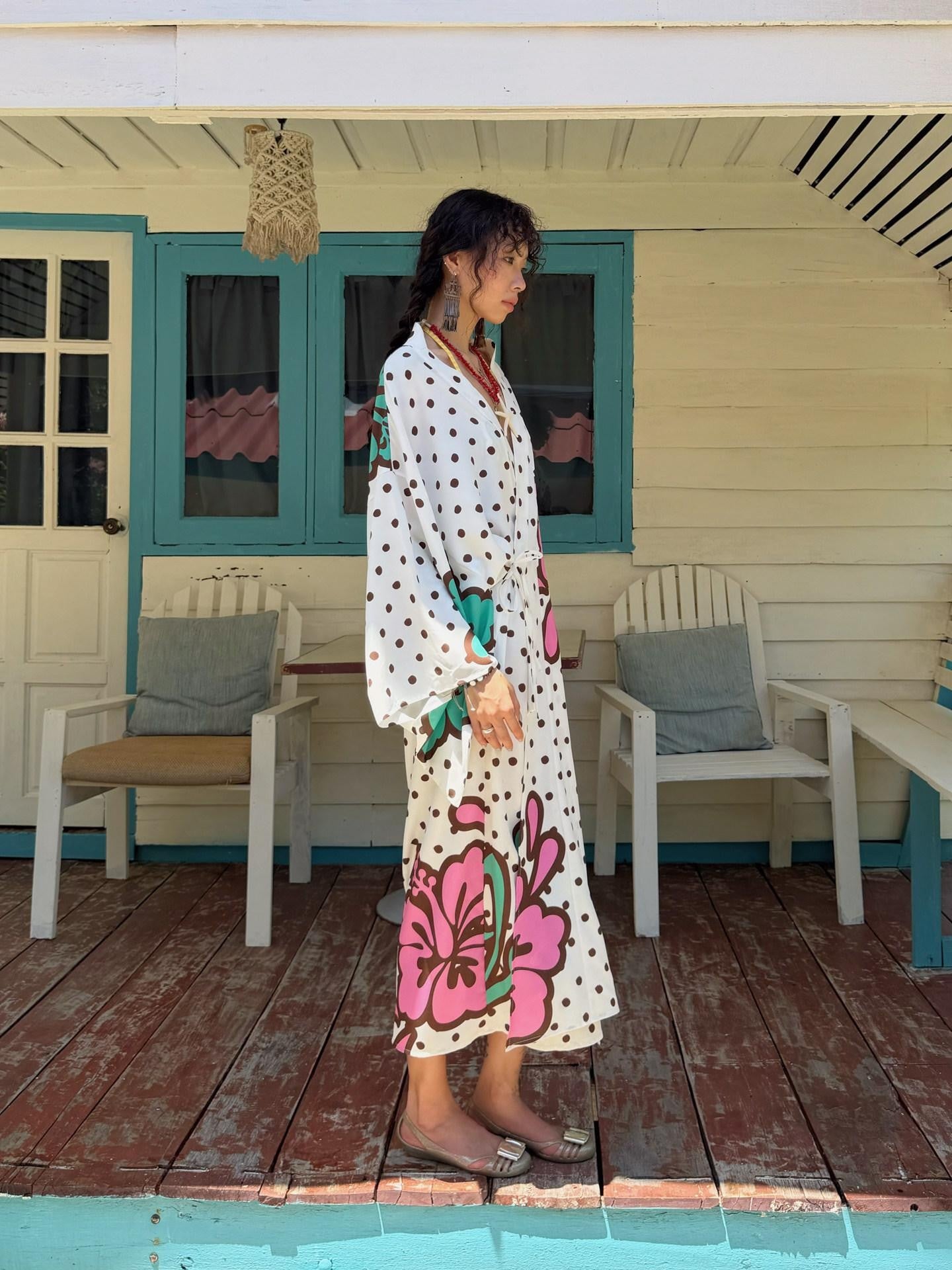 QUORRA S CHORD Brown Graffiti Polka Dot Hibiscus Colorblock Tie Waist Kimono Women&