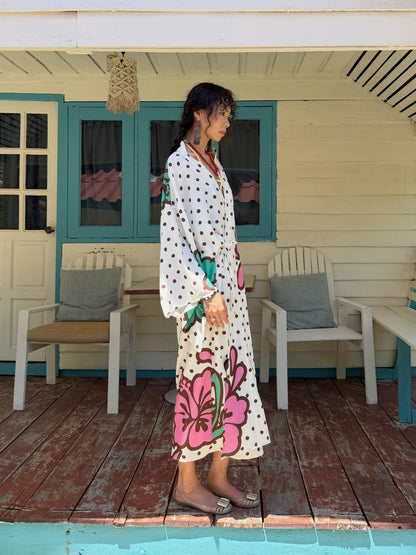 QUORRA S CHORD Brown Graffiti Polka Dot Hibiscus Colorblock Tie Waist Kimono Women&