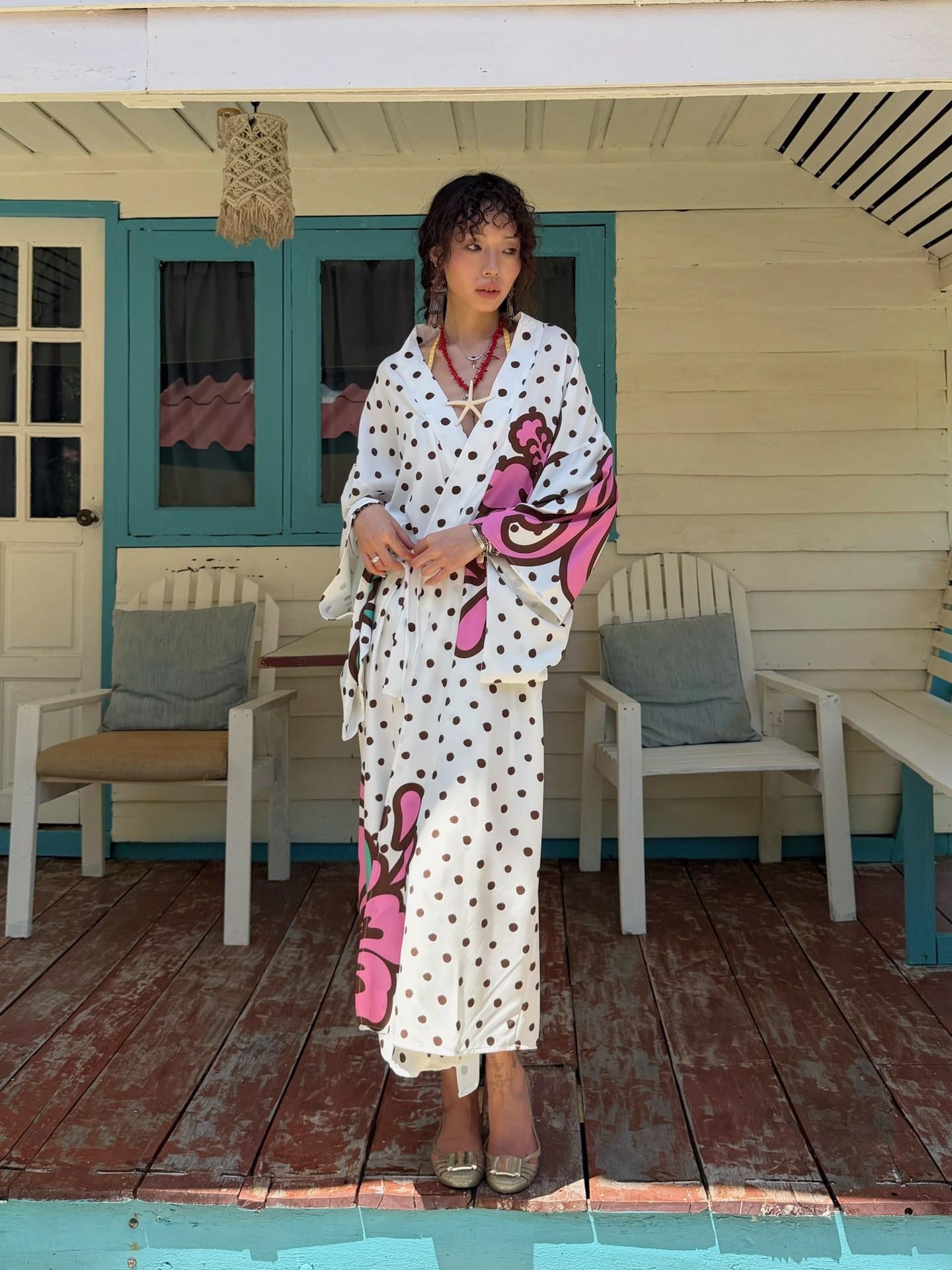 QUORRA S CHORD Brown Graffiti Polka Dot Hibiscus Colorblock Tie Waist Kimono Women&