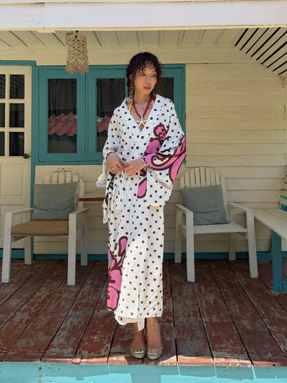 QUORRA S CHORD Brown Graffiti Polka Dot Hibiscus Colorblock Tie Waist Kimono Women&