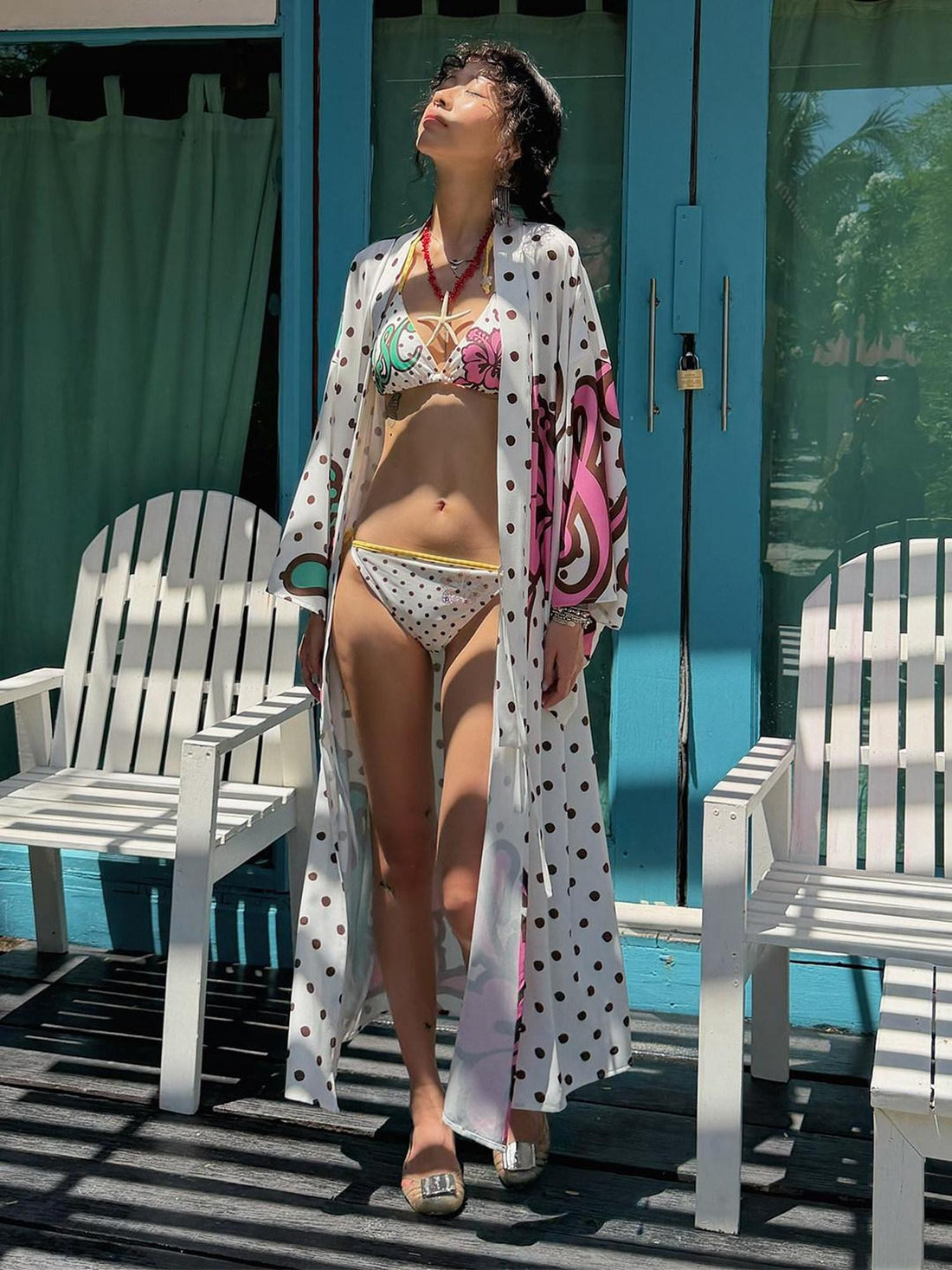 QUORRA S CHORD Brown Graffiti Polka Dot Hibiscus Colorblock Tie Waist Kimono Women&