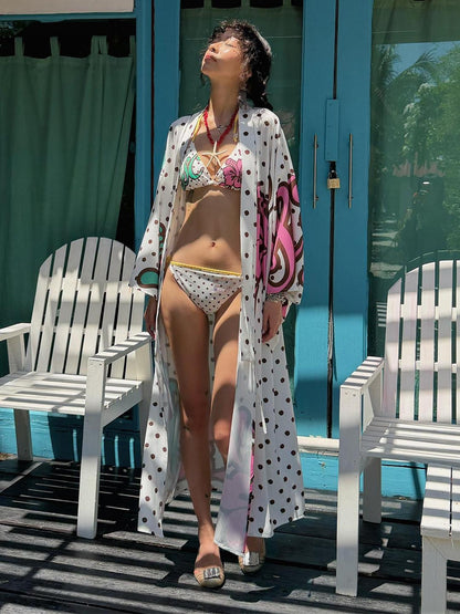 QUORRA S CHORD Brown Graffiti Polka Dot Hibiscus Colorblock Tie Waist Kimono Women&