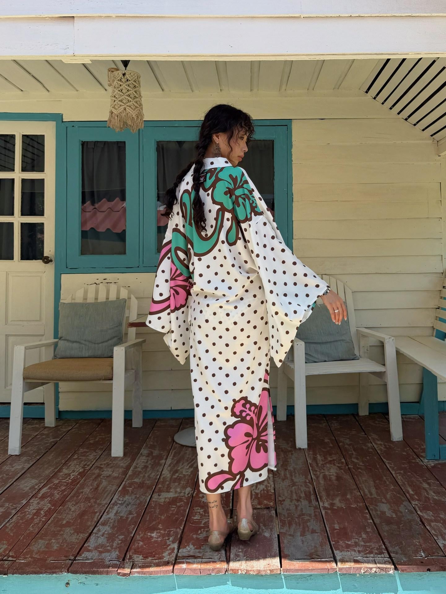 QUORRA S CHORD Brown Graffiti Polka Dot Hibiscus Colorblock Tie Waist Kimono Women&