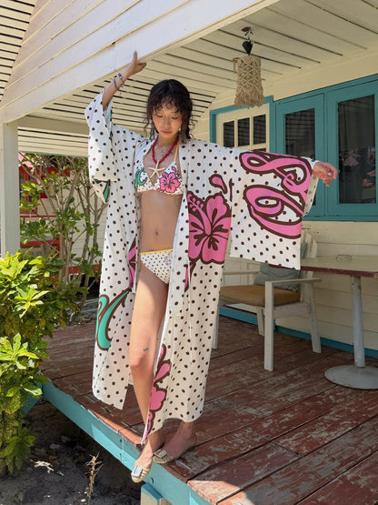 QUORRA S CHORD Brown Graffiti Polka Dot Hibiscus Colorblock Tie Waist Kimono Women&