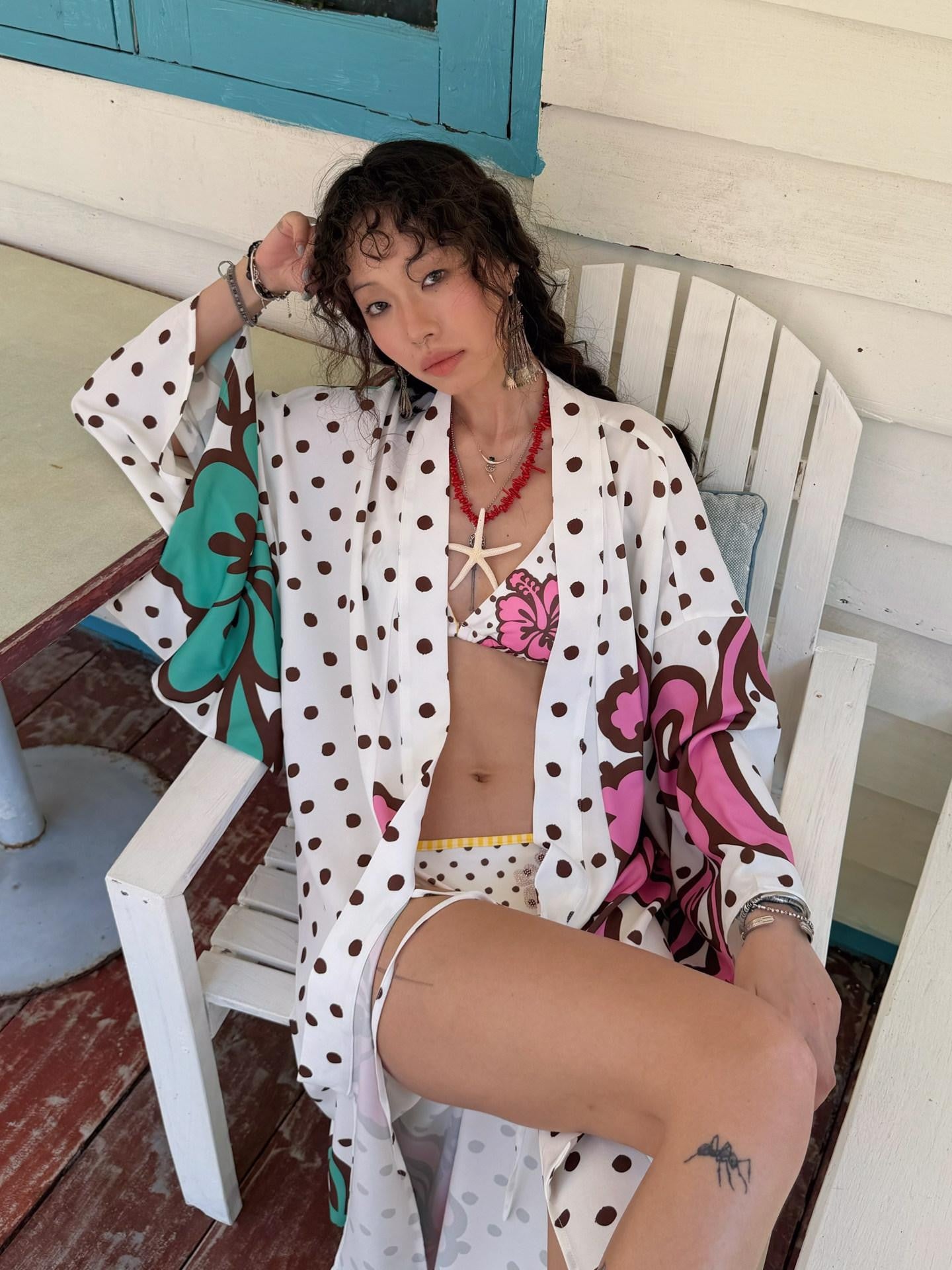 QUORRA S CHORD Brown Graffiti Polka Dot Hibiscus Colorblock Tie Waist Kimono Women&