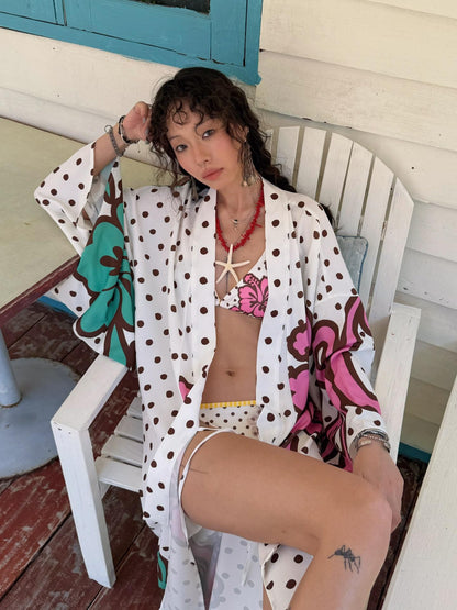 QUORRA S CHORD Brown Graffiti Polka Dot Hibiscus Colorblock Tie Waist Kimono Women&