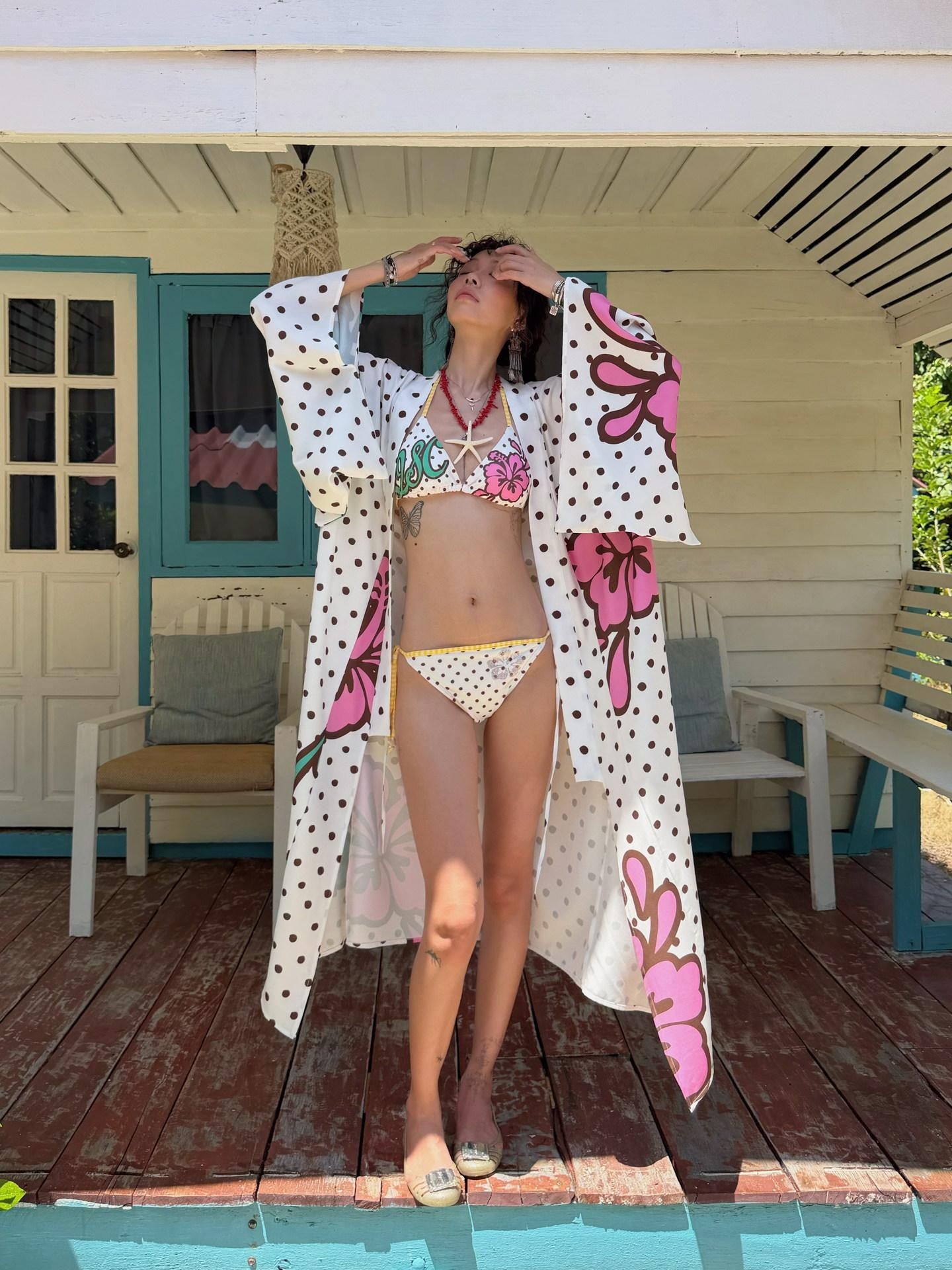 QUORRA S CHORD Brown Graffiti Polka Dot Hibiscus Colorblock Tie Waist Kimono Women&