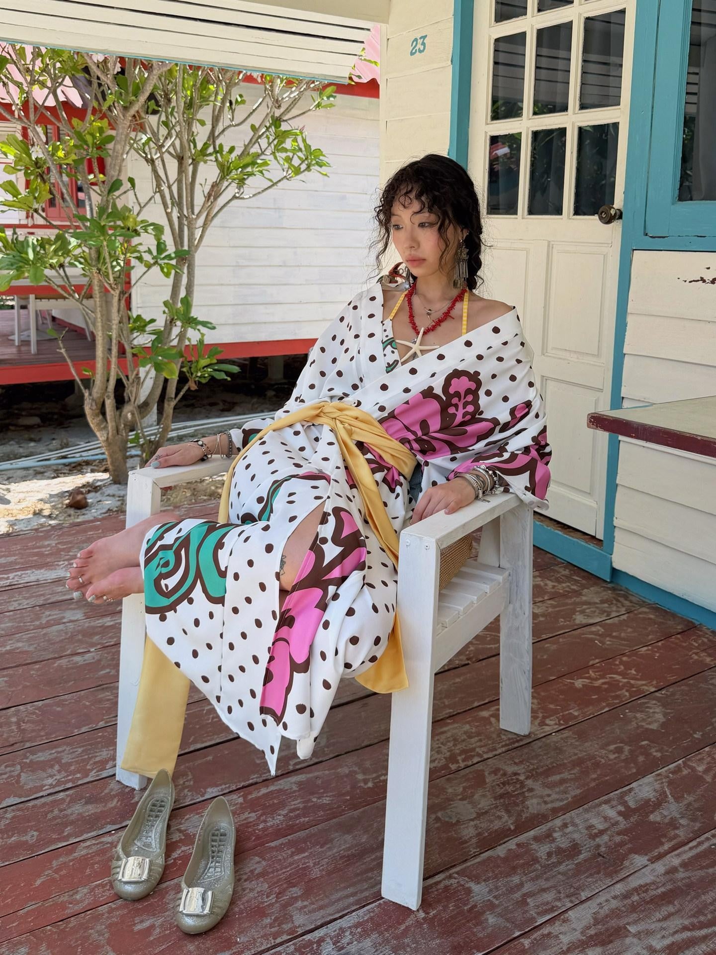 QUORRA S CHORD Brown Graffiti Polka Dot Hibiscus Colorblock Tie Waist Kimono Women&