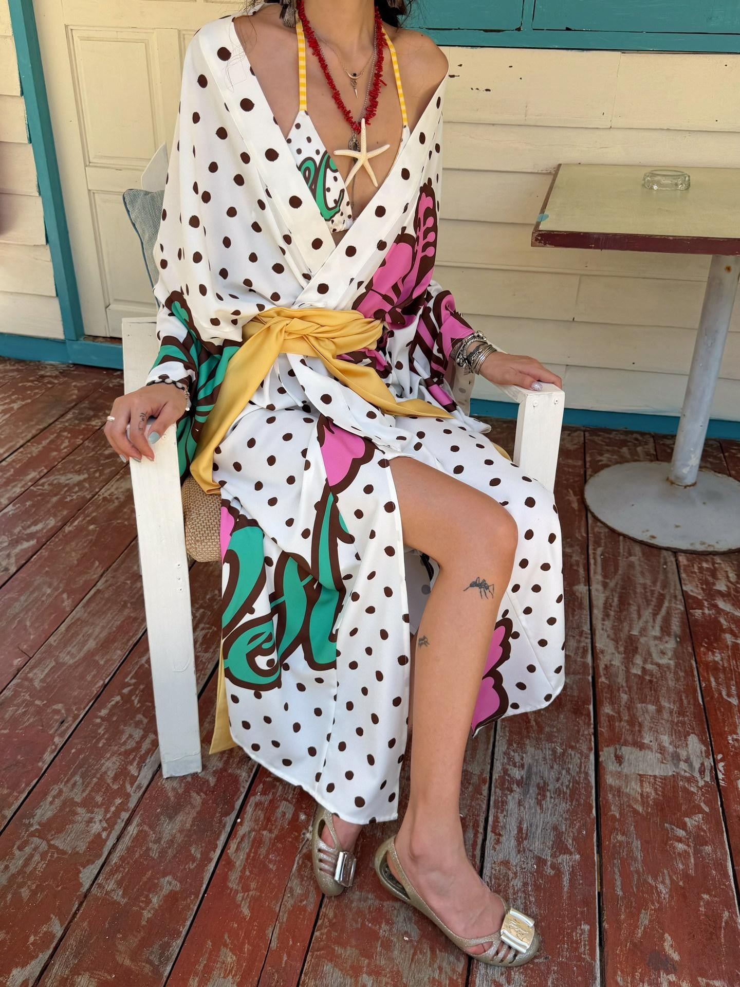 QUORRA S CHORD Brown Graffiti Polka Dot Hibiscus Colorblock Tie Waist Kimono Women&