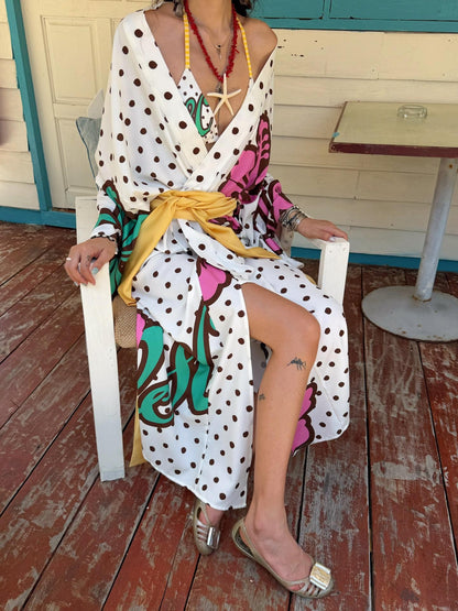 QUORRA S CHORD Brown Graffiti Polka Dot Hibiscus Colorblock Tie Waist Kimono Women&