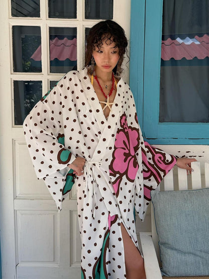 QUORRA S CHORD Brown Graffiti Polka Dot Hibiscus Colorblock Tie Waist Kimono Women&