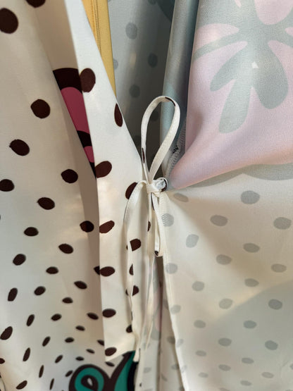 QUORRA S CHORD Brown Graffiti Polka Dot Hibiscus Colorblock Tie Waist Kimono Women&
