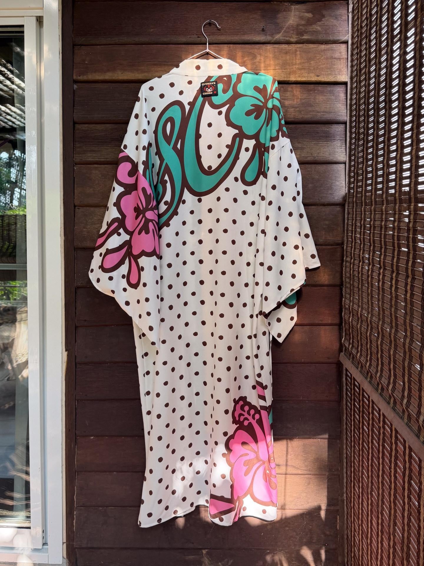 QUORRA S CHORD Brown Graffiti Polka Dot Hibiscus Colorblock Tie Waist Kimono Women&