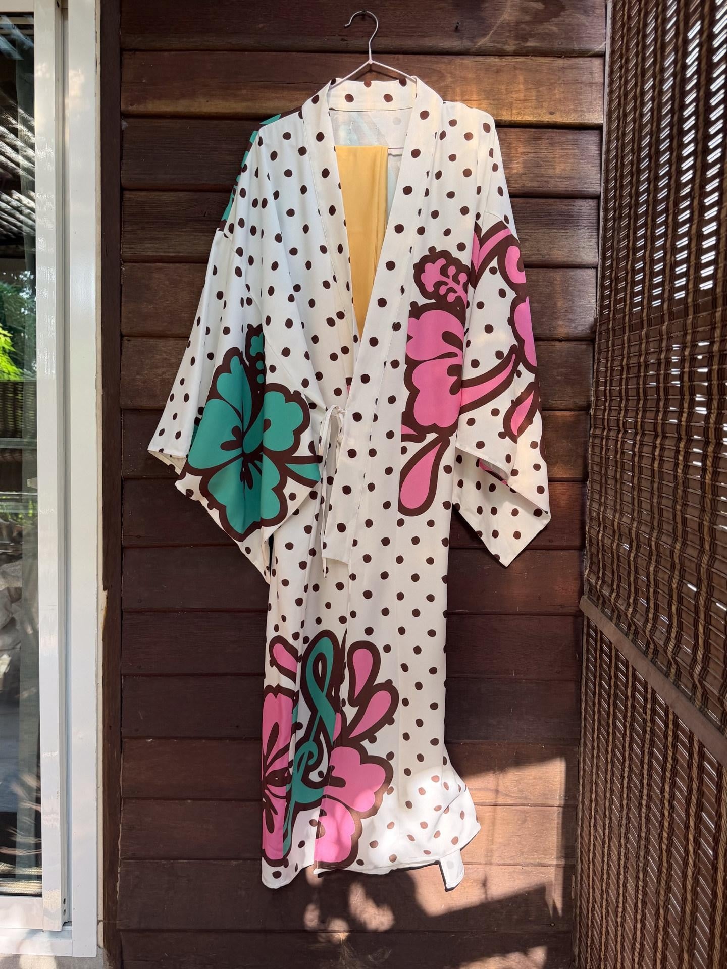 QUORRA S CHORD Brown Graffiti Polka Dot Hibiscus Colorblock Tie Waist Kimono Women&