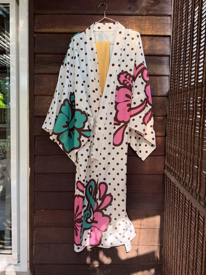 QUORRA S CHORD Brown Graffiti Polka Dot Hibiscus Colorblock Tie Waist Kimono Women&