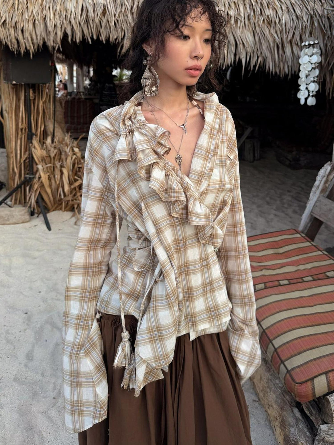 QUORRA S CHORD Brown Plaid Irregular Ruffle Tie Shell Button Women&