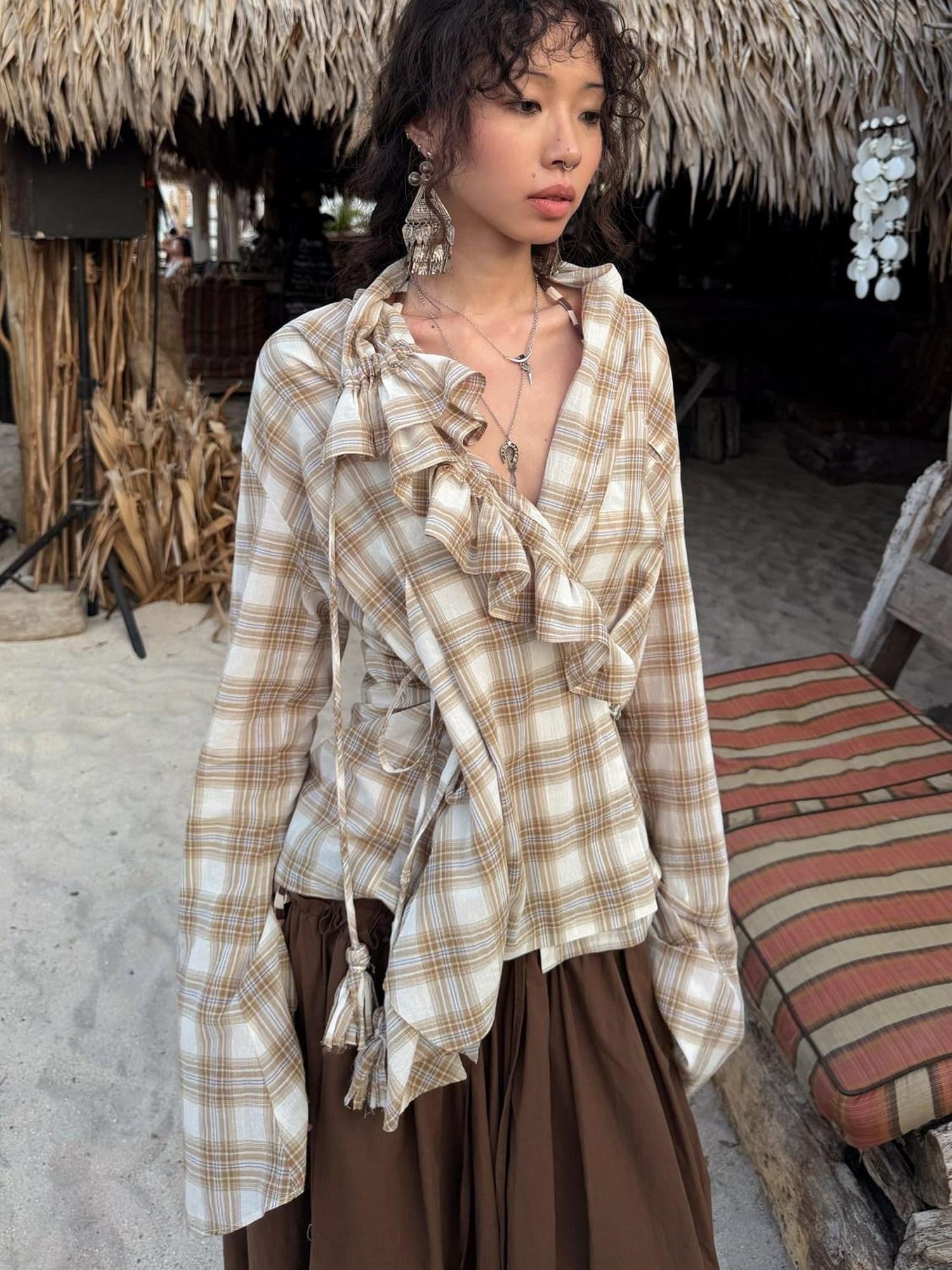 QUORRA S CHORD Brown Plaid Irregular Ruffle Tie Shell Button Women&