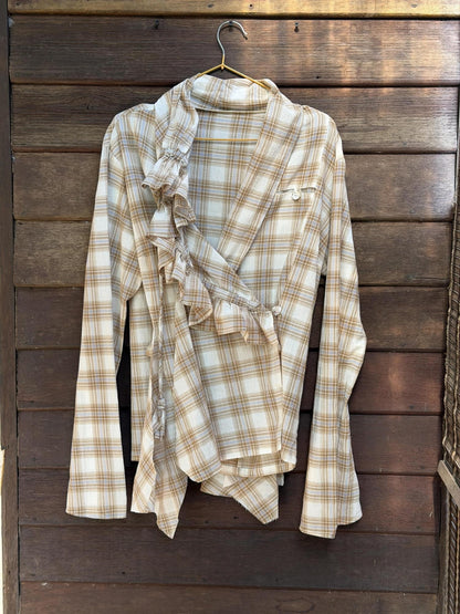 QUORRA S CHORD Brown Plaid Irregular Ruffle Tie Shell Button Women&