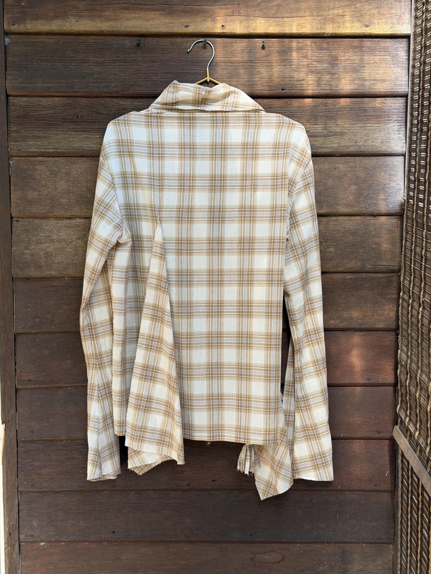 QUORRA S CHORD Brown Plaid Irregular Ruffle Tie Shell Button Women&