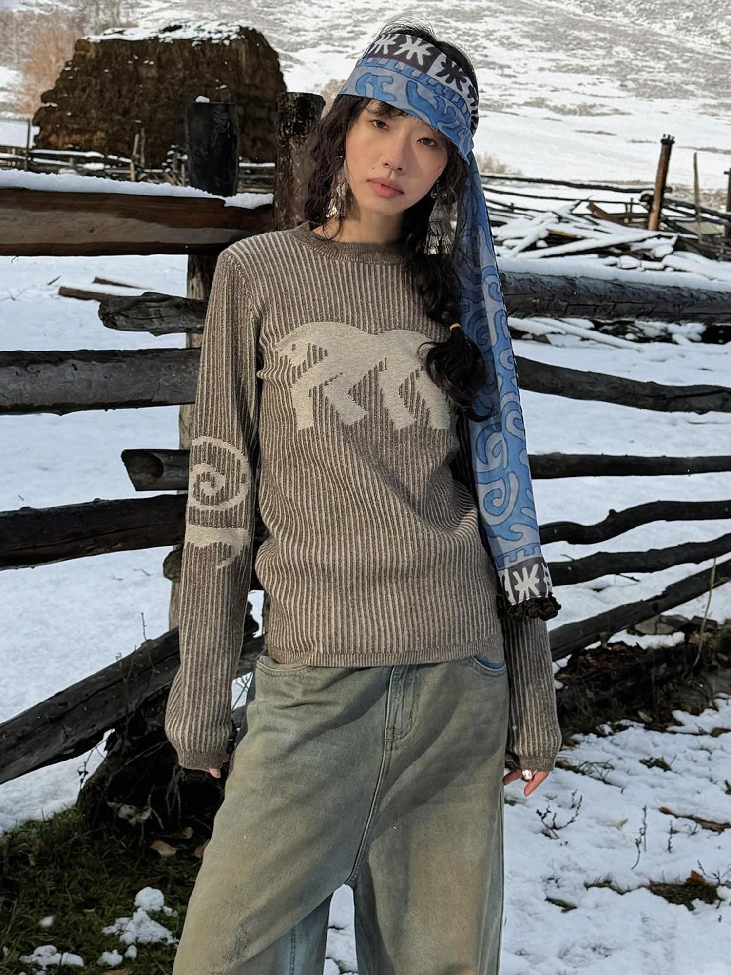 QUORRA S CHORD Brown Ribbed Pony Geometric Knitted Women&