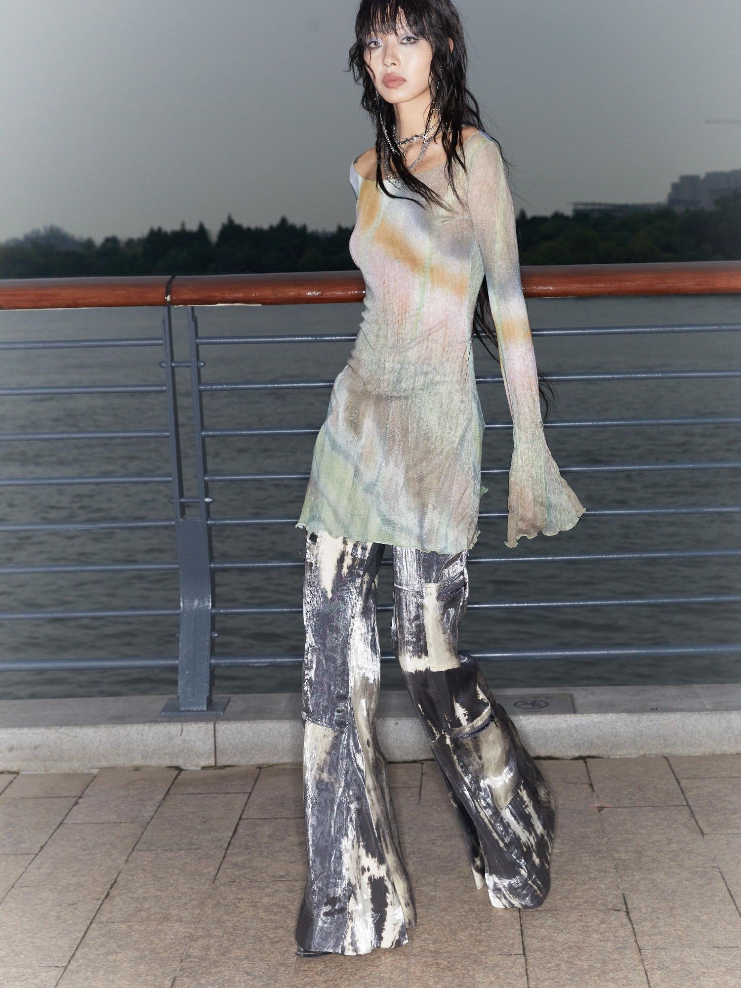 QUORRA S CHORD Butterfly Floral Pink Sheer Bell Sleeve Women&