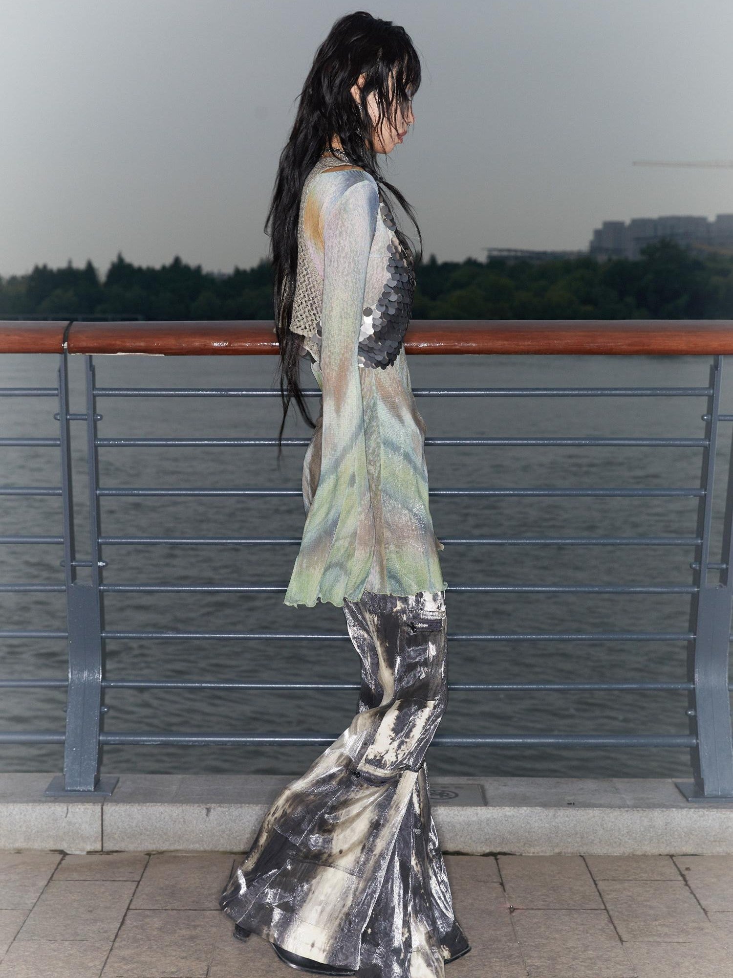 QUORRA S CHORD Butterfly Floral Pink Sheer Bell Sleeve Women&