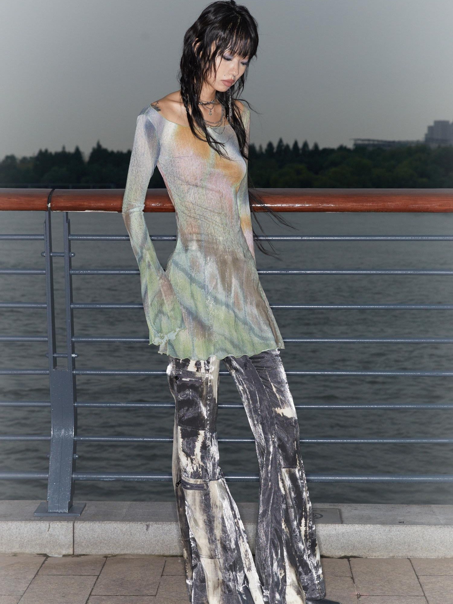 QUORRA S CHORD Butterfly Floral Pink Sheer Bell Sleeve Women&