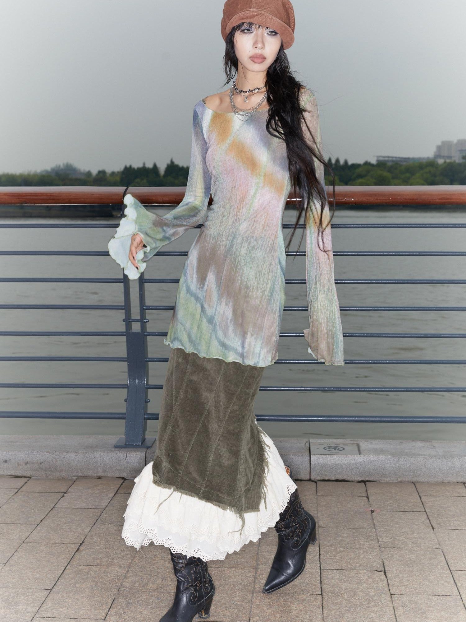 QUORRA S CHORD Butterfly Floral Pink Sheer Bell Sleeve Women&