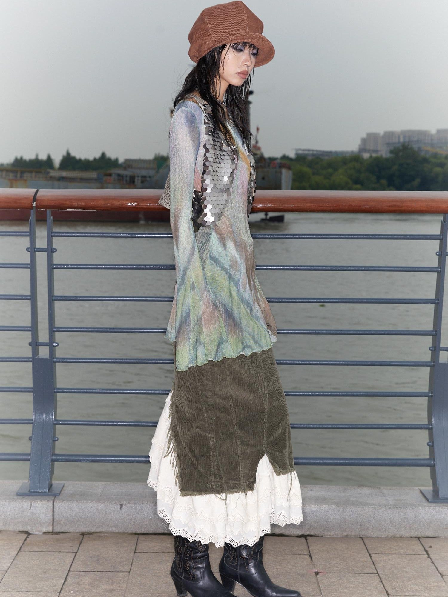 QUORRA S CHORD Butterfly Floral Pink Sheer Bell Sleeve Women&