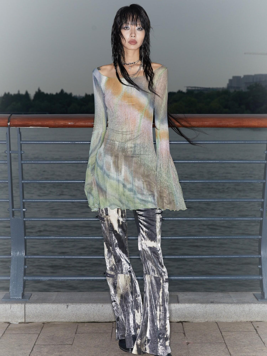 QUORRA S CHORD Butterfly Floral Pink Sheer Bell Sleeve Women&