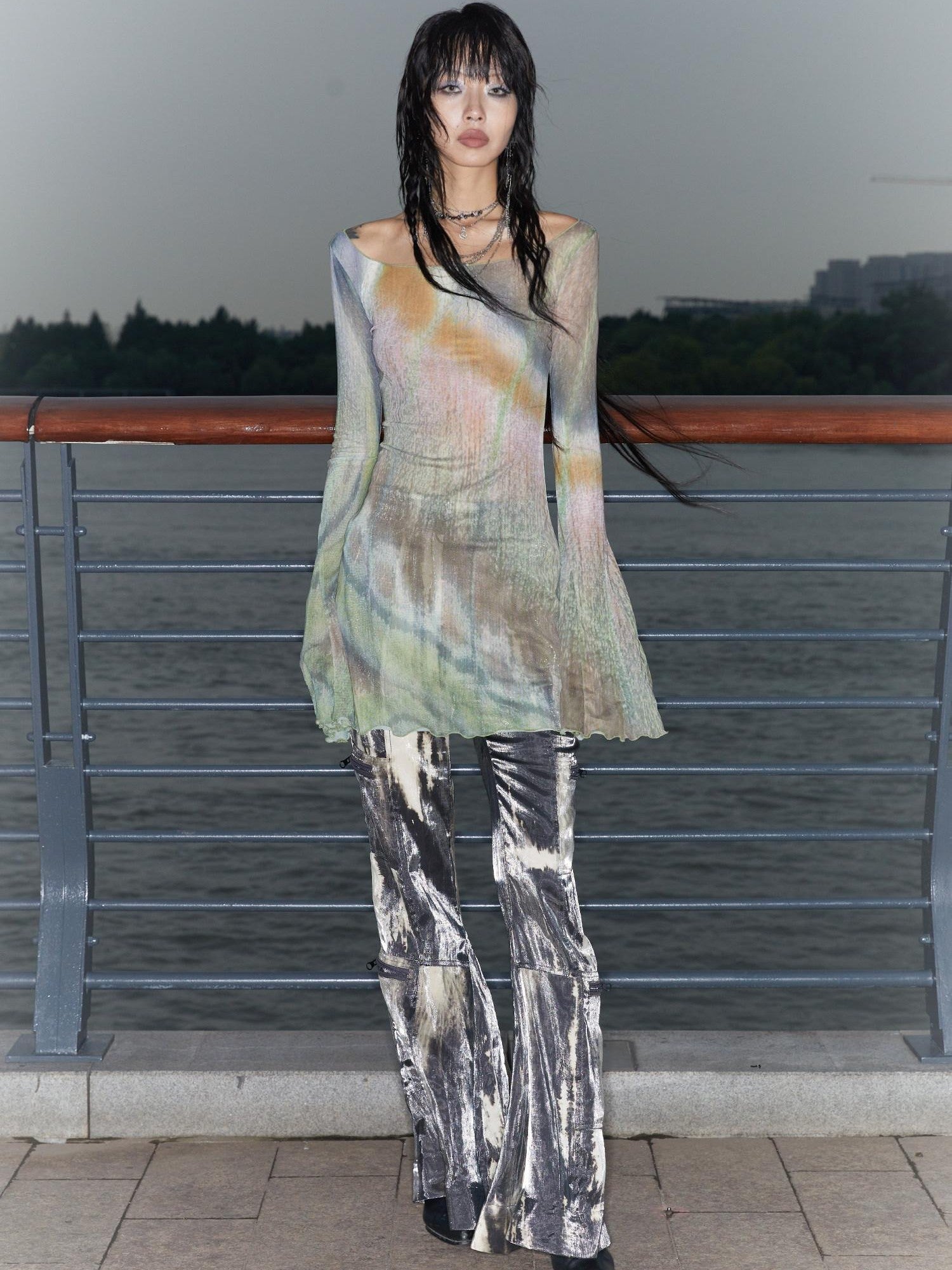 QUORRA S CHORD Butterfly Floral Pink Sheer Bell Sleeve Women&