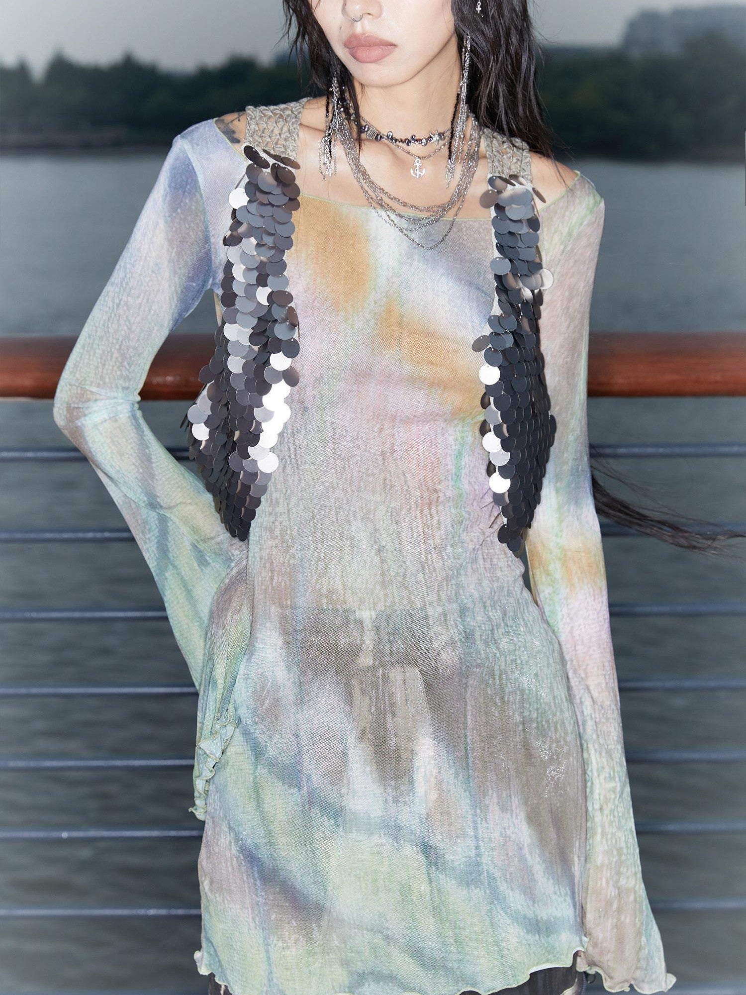 QUORRA S CHORD Butterfly Floral Pink Sheer Bell Sleeve Women&