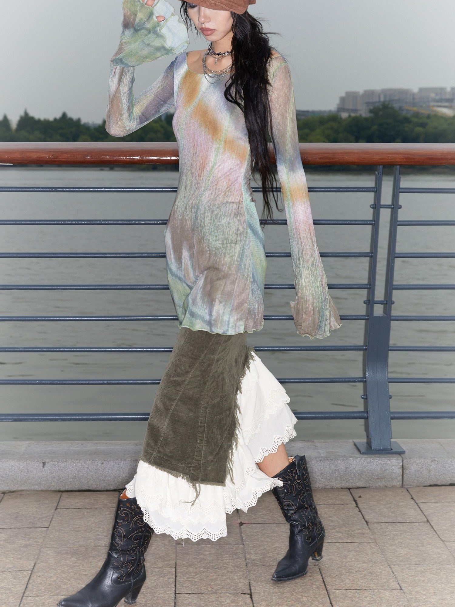 QUORRA S CHORD Butterfly Floral Pink Sheer Bell Sleeve Women&
