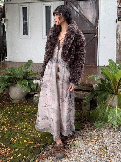 QUORRA S CHORD Camouflage V-neck Slit Chiffon Ruched Long Sleeve Women&