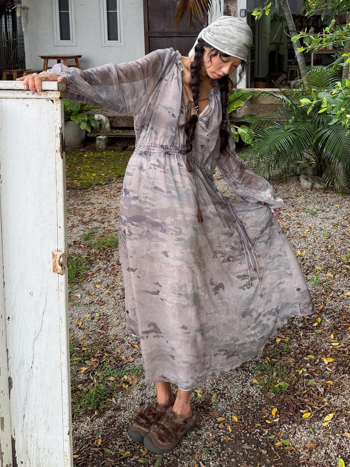 QUORRA S CHORD Camouflage V-neck Slit Chiffon Ruched Long Sleeve Women&
