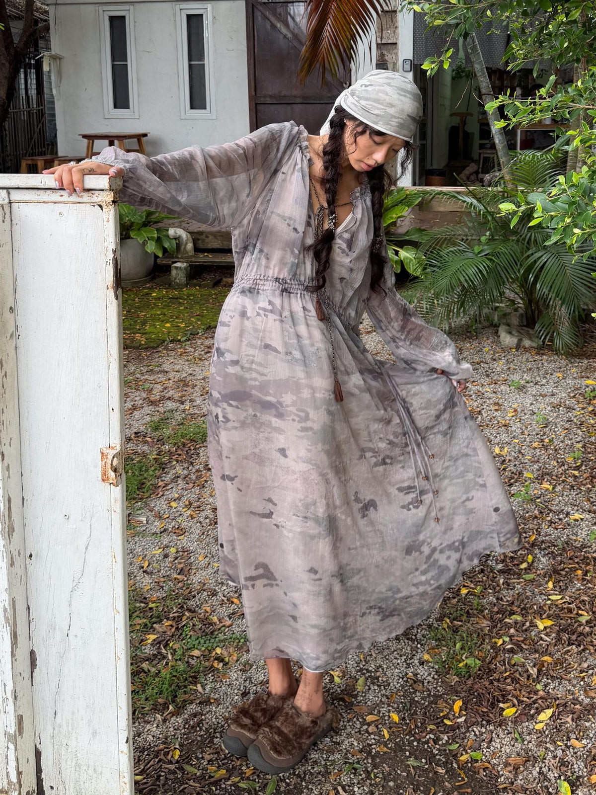 QUORRA S CHORD Camouflage V-neck Slit Chiffon Ruched Long Sleeve Women&