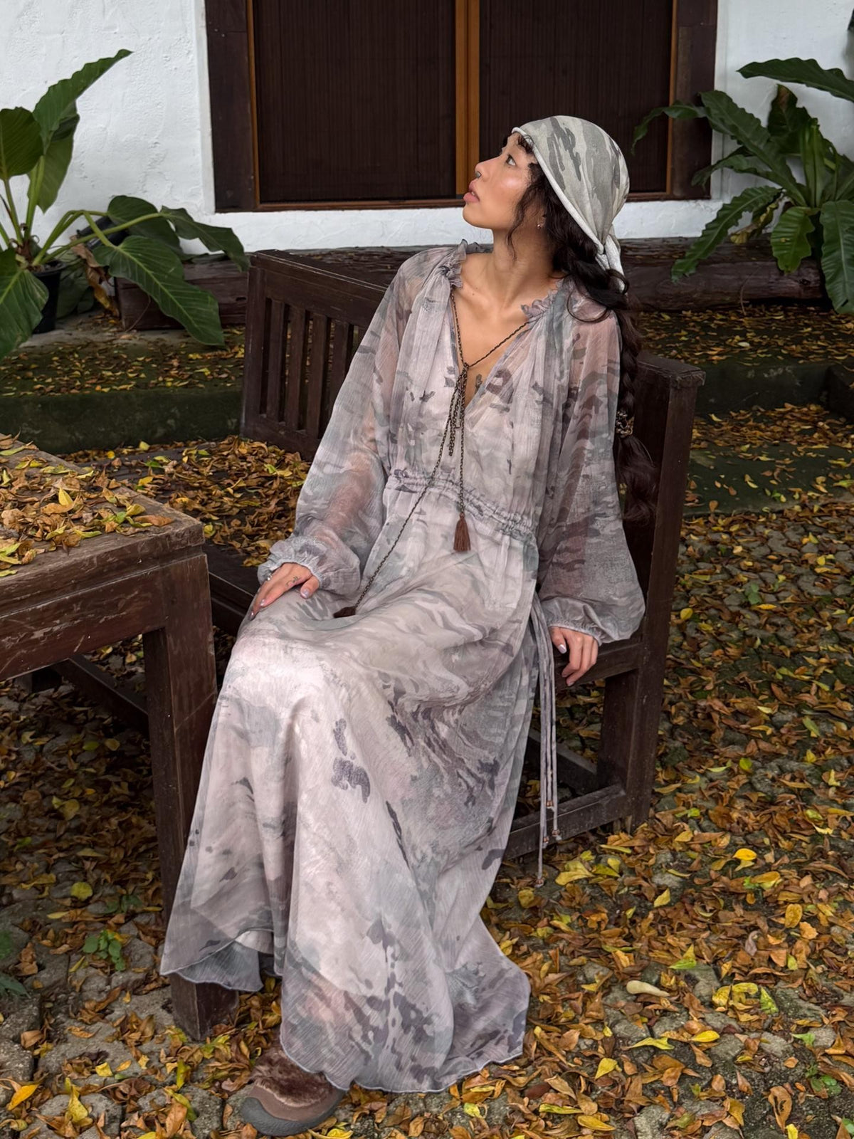 QUORRA S CHORD Camouflage V-neck Slit Chiffon Ruched Long Sleeve Women&