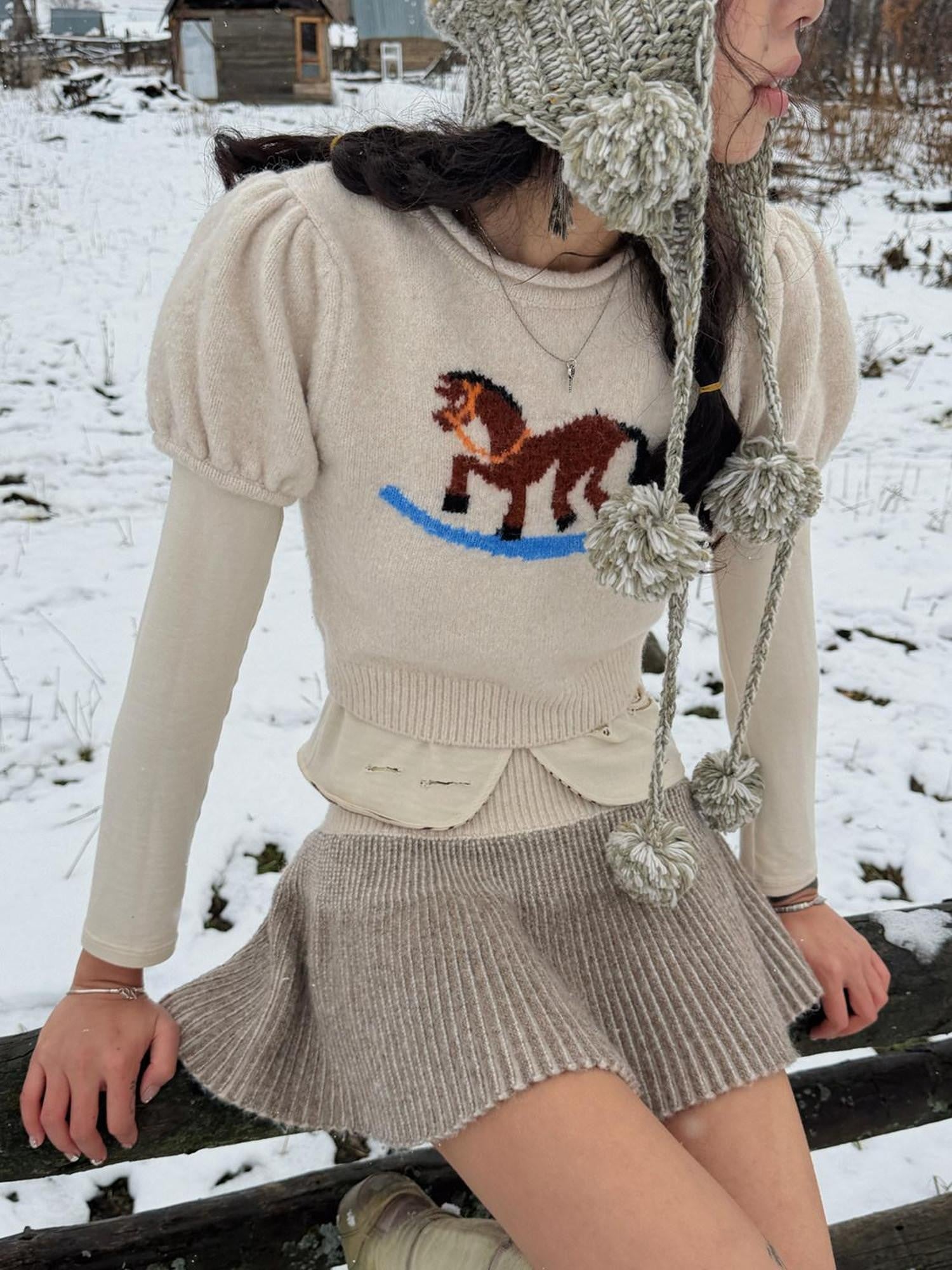 QUORRA S CHORD Carousel Jacquard Knit Puff Sleeve Women&