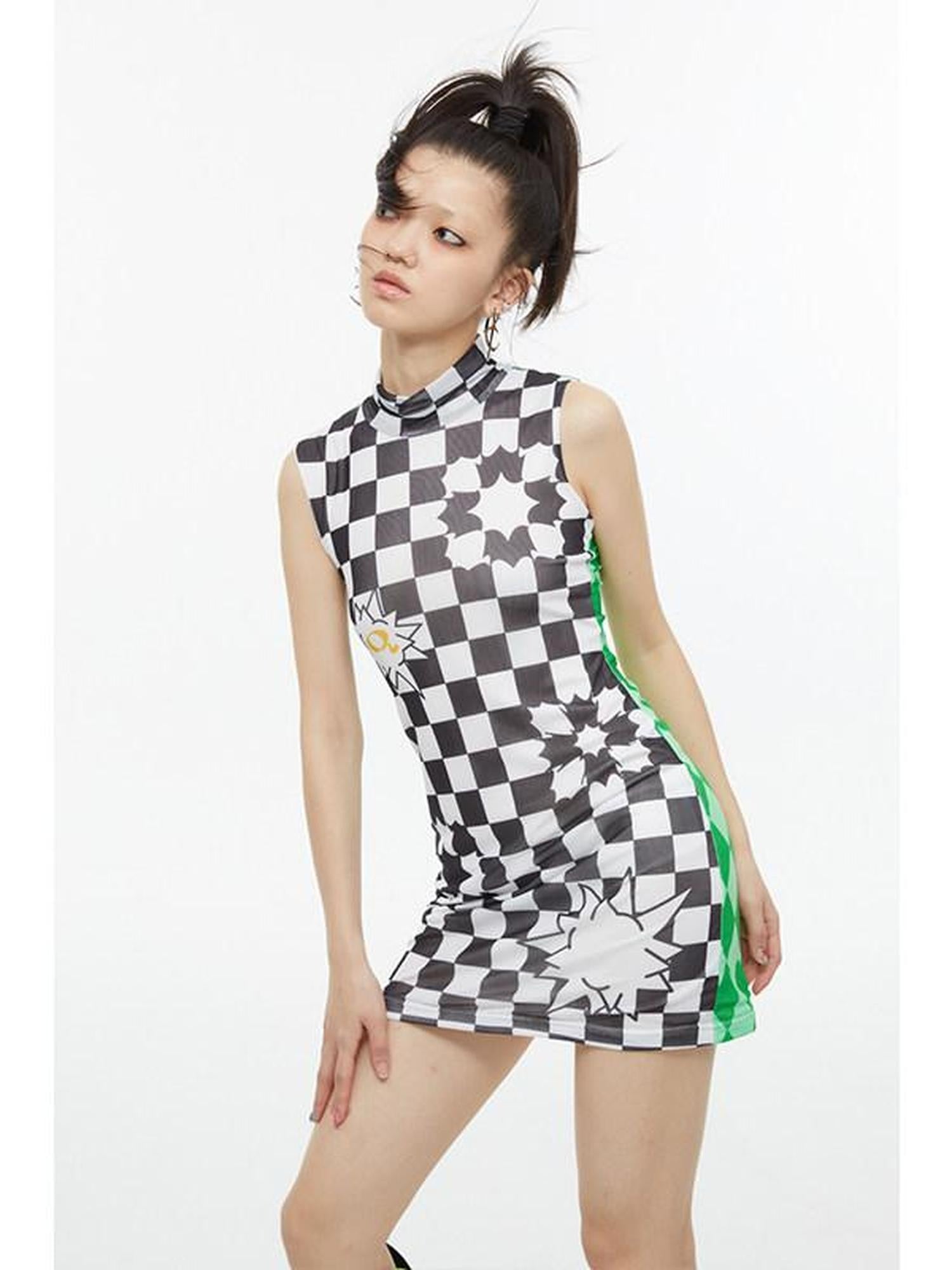 QUORRA S CHORD Checkerboard Green Contrast High Neck Sleeveless Women&