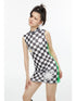 QUORRA S CHORD Checkerboard Green Contrast High Neck Sleeveless Women&