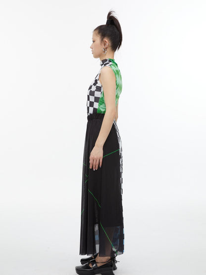 QUORRA S CHORD Checkerboard Green Contrast High Neck Sleeveless Women&