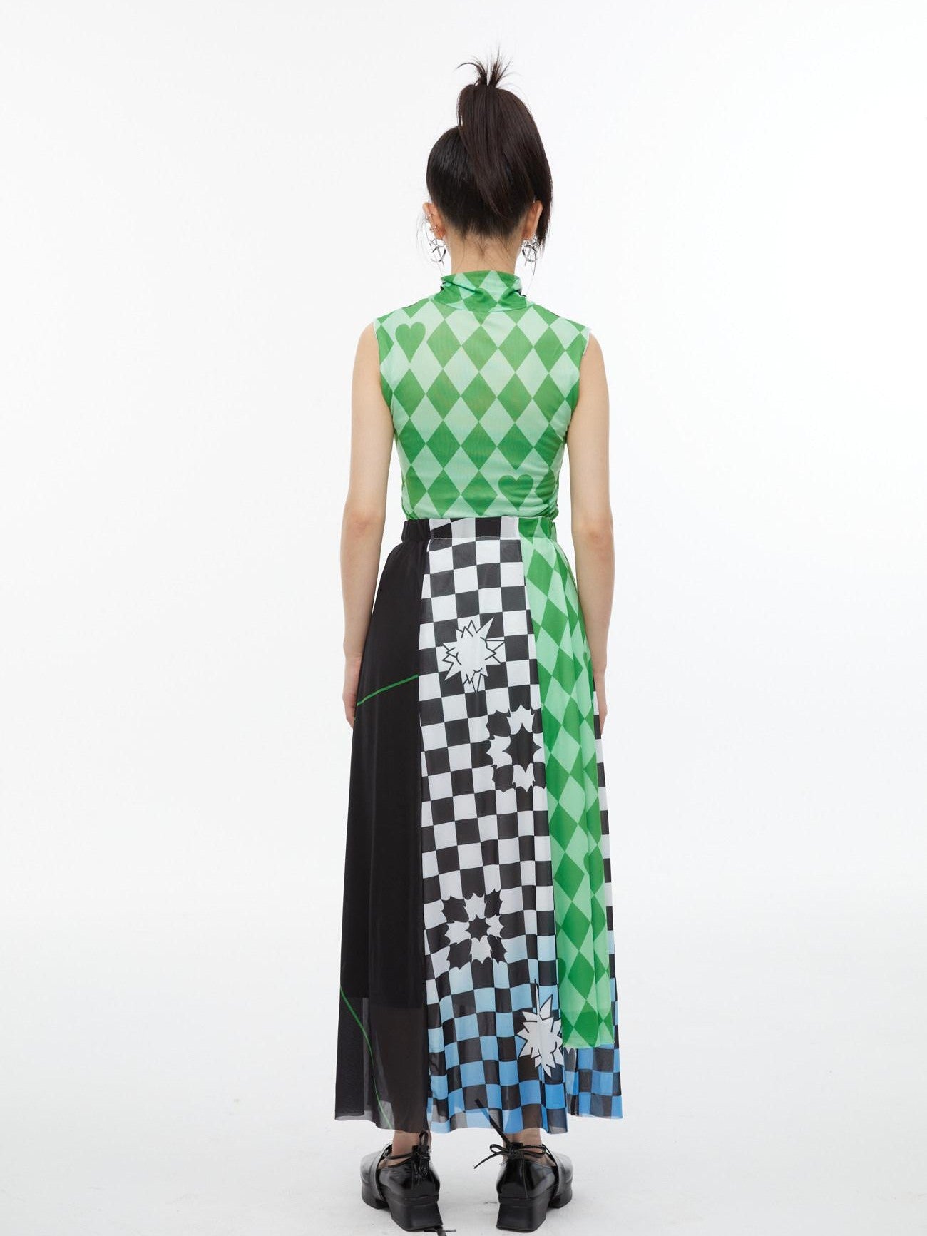 QUORRA S CHORD Checkerboard Green Contrast High Neck Sleeveless Women&
