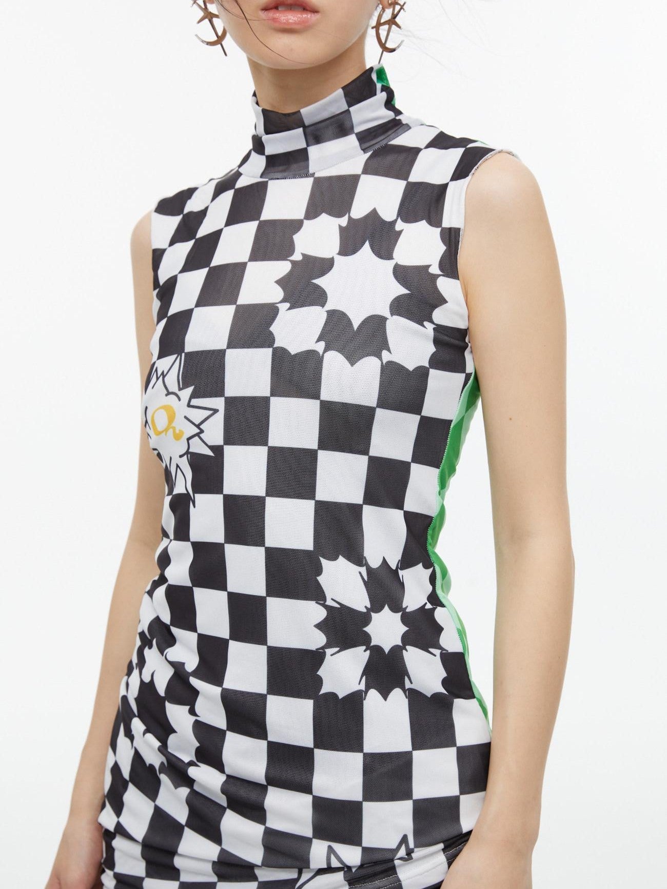 QUORRA S CHORD Checkerboard Green Contrast High Neck Sleeveless Women&