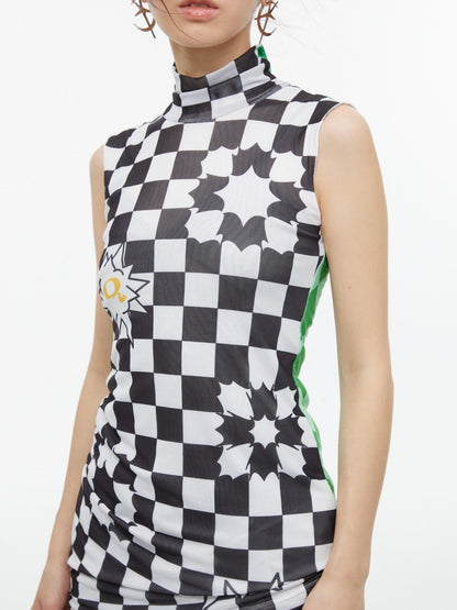 QUORRA S CHORD Checkerboard Green Contrast High Neck Sleeveless Women&
