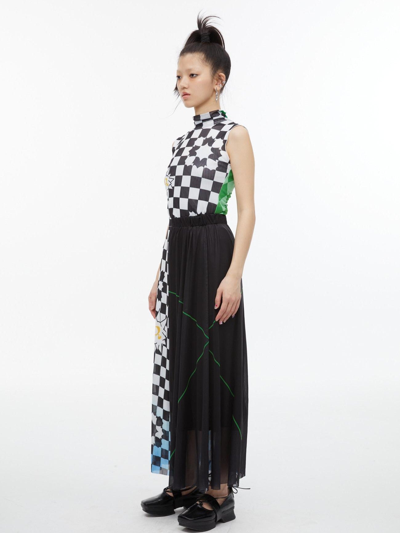 QUORRA S CHORD Checkerboard Green Contrast High Neck Sleeveless Women&