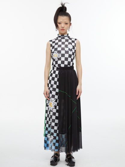QUORRA S CHORD Checkerboard Green Contrast High Neck Sleeveless Women&